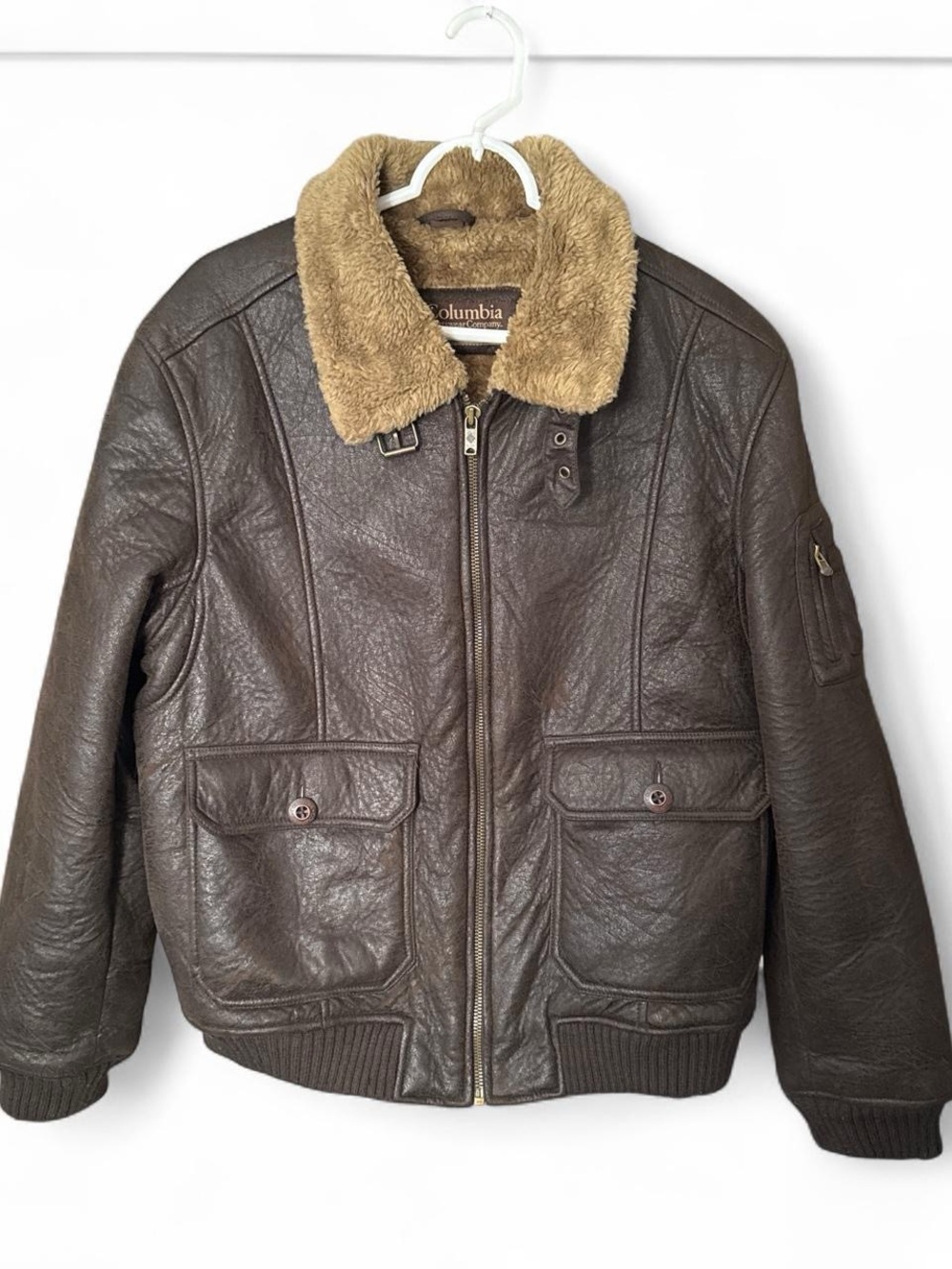 Columbia Dark Brown Bomber Jacket with Tan Sherpa Collar